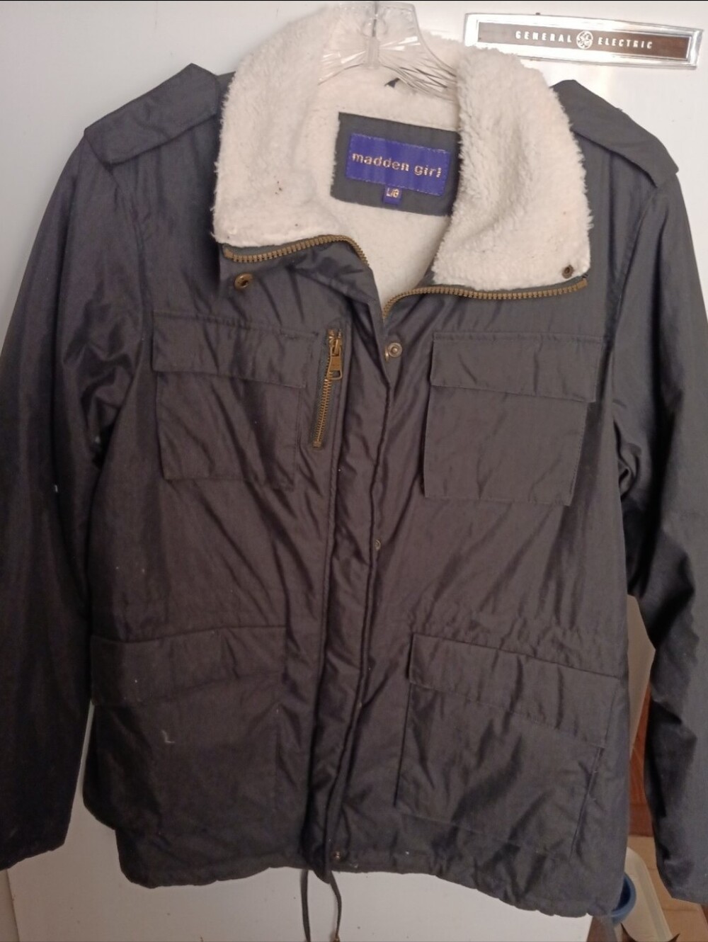 MADDEN GIRL Black White Fleece lined Parka Full front zipper Pockets Sz L